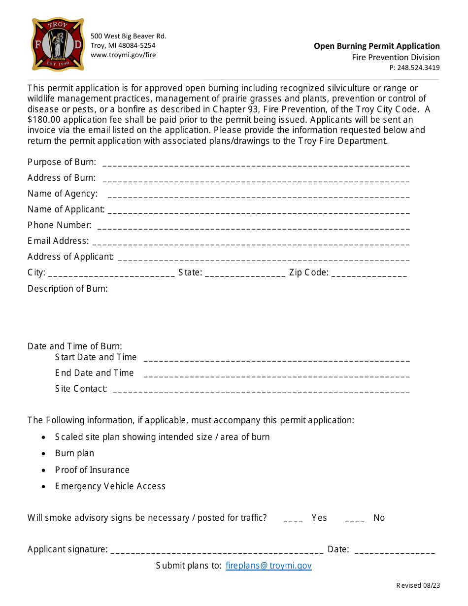Open Burning Permit Application - City of Troy, Michigan, Page 1