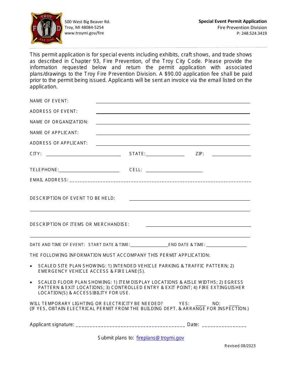 Special Event Permit Application - City of Troy, Michigan, Page 1