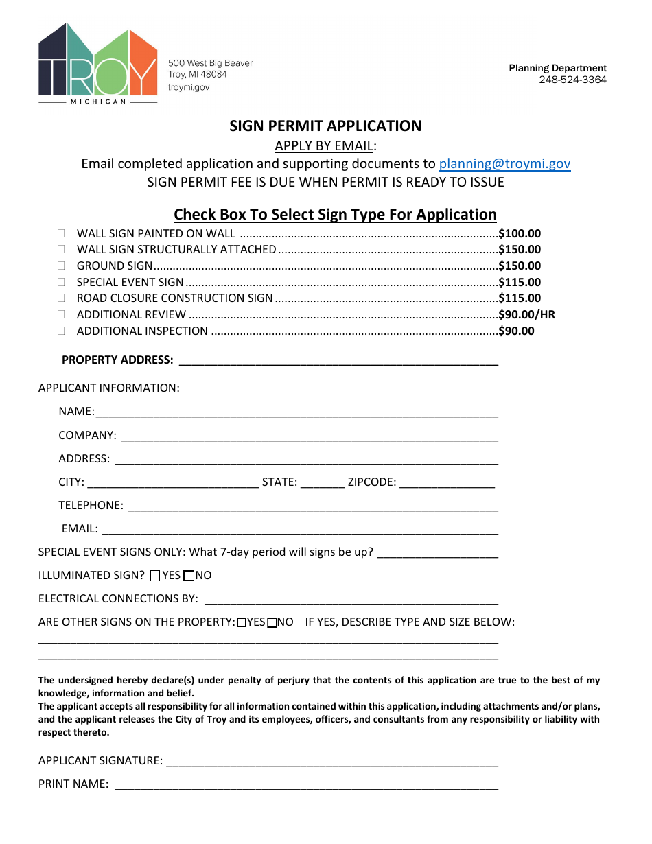 Sign Permit Application - City of Troy, Michigan, Page 1