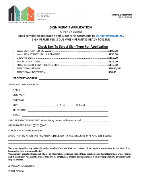 Sign Permit Application - City of Troy, Michigan Download Pdf