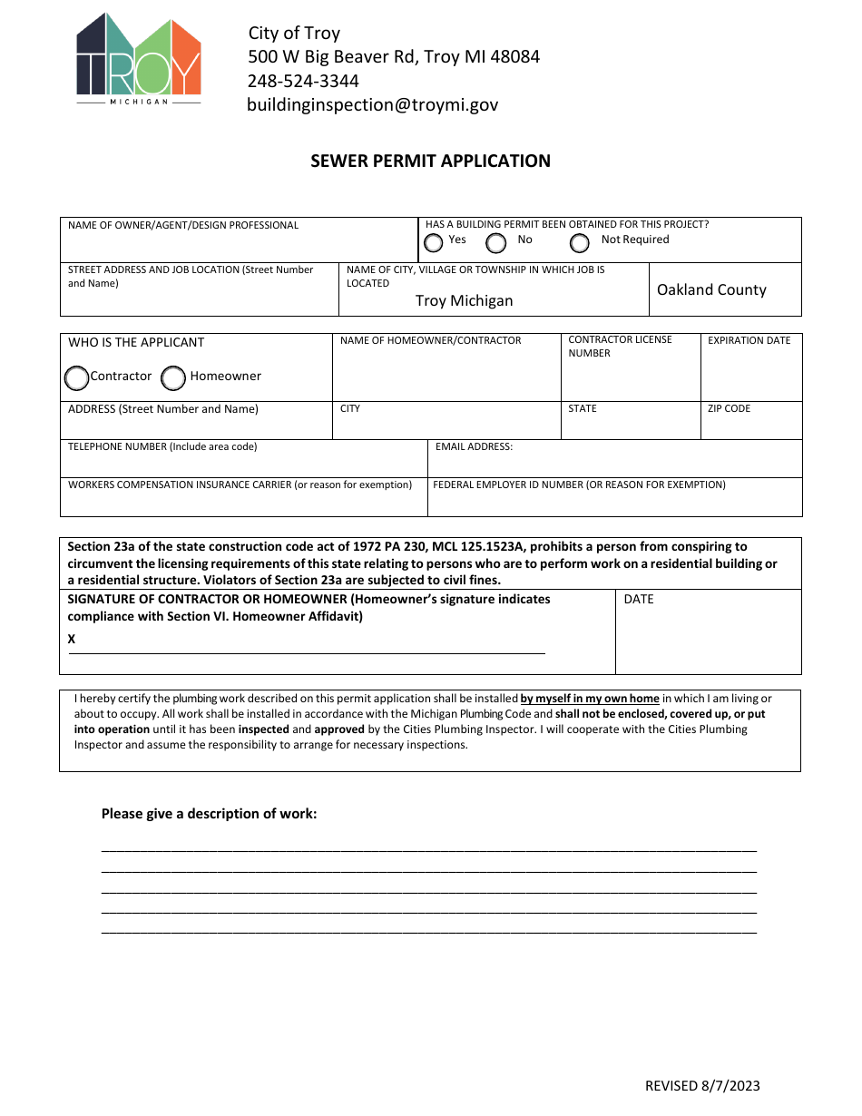 Sewer Permit Application - City of Troy, Michigan, Page 1