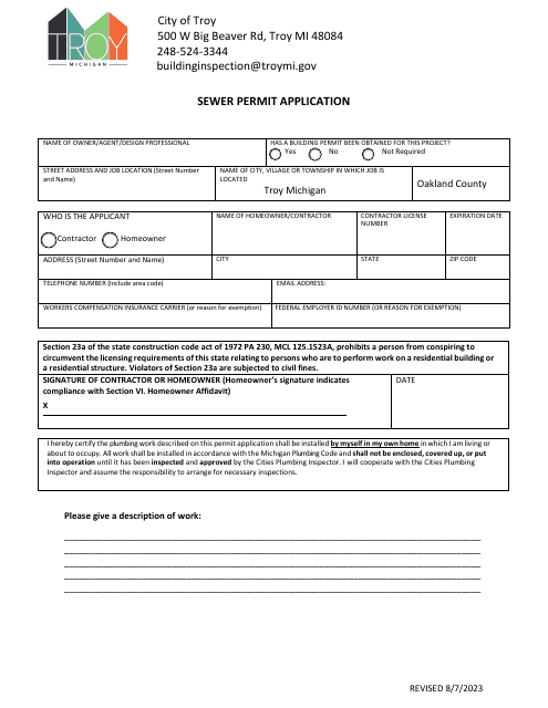 Sewer Permit Application - City of Troy, Michigan Download Pdf