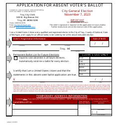Document preview: Application for Absent Voter's Ballot - City of Troy, Michigan, 2023