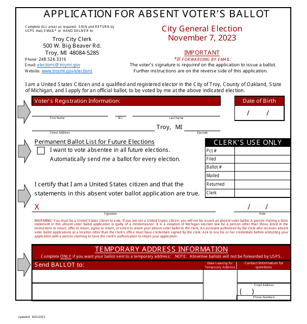 Application for Absent Voter's Ballot - City of Troy, Michigan, 2023