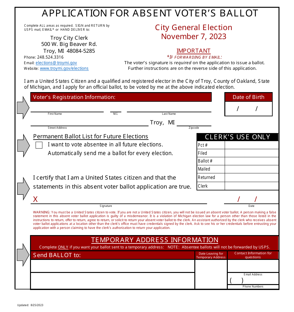 2023 City of Troy, Michigan Application for Absent Voter's Ballot