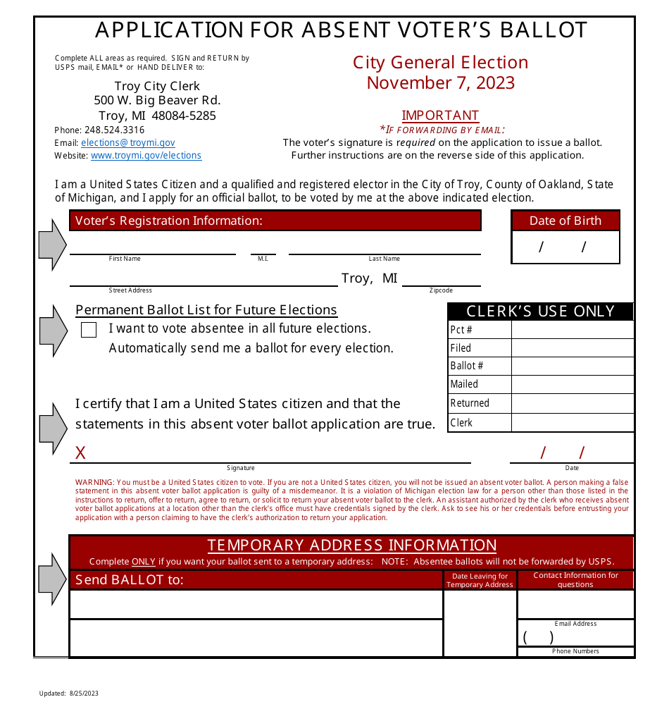 Application for Absent Voters Ballot - City of Troy, Michigan, Page 1
