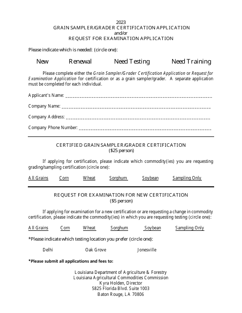 Grain Sampler / Grader Certification Application and / or Request for Examination Application - Louisiana Download Pdf