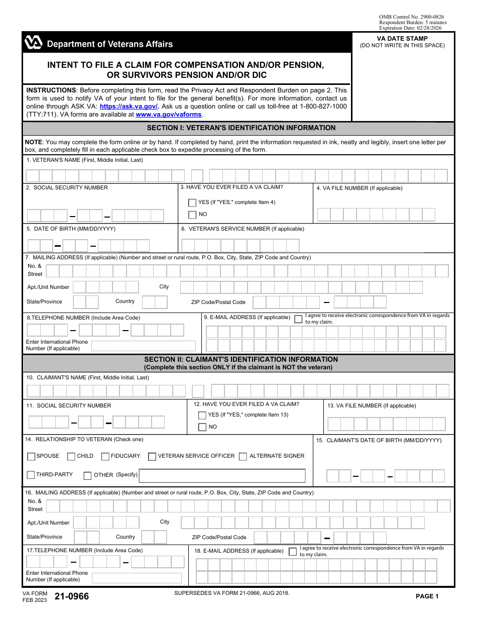 VA Form 21-0966 Intent to File a Claim for Compensation and / or Pension, or Survivors Pension and / or Dic, Page 1