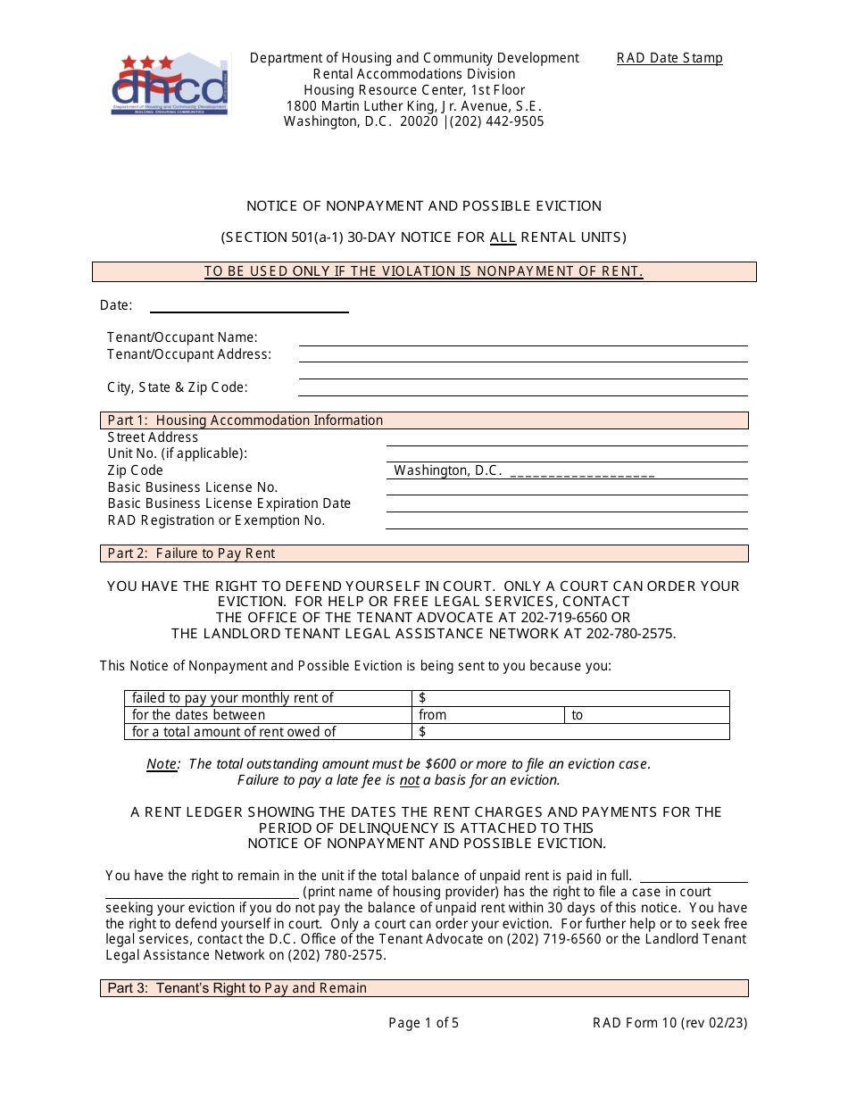 RAD Form 10 Notice of Nonpayment and Possible Eviction - Washington, D.C., Page 1