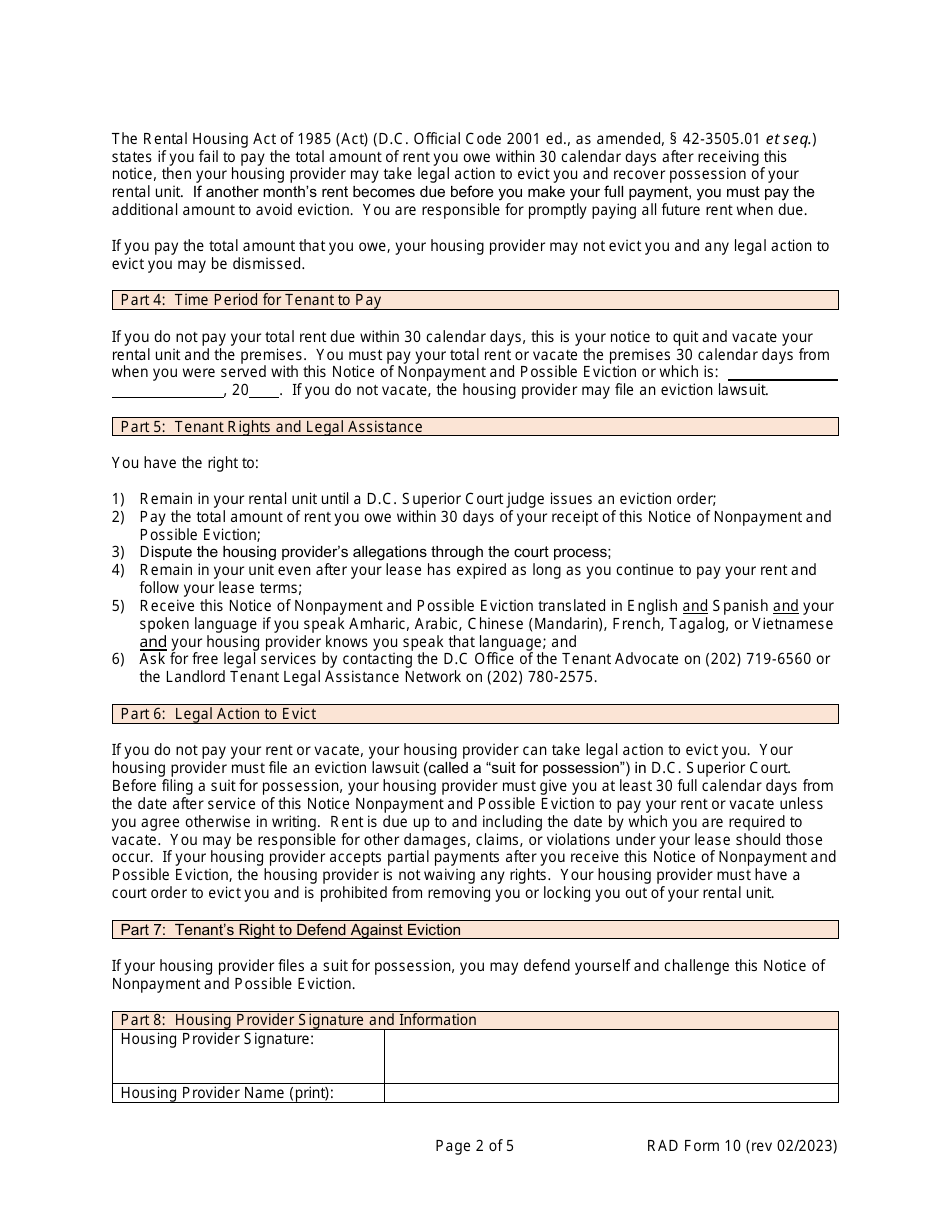 RAD Form 10 Notice of Nonpayment and Possible Eviction - Washington, D.C., Page 2
