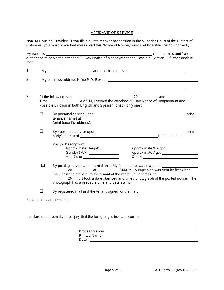 RAD Form 10 Notice of Nonpayment and Possible Eviction - Washington, D.C., Page 5