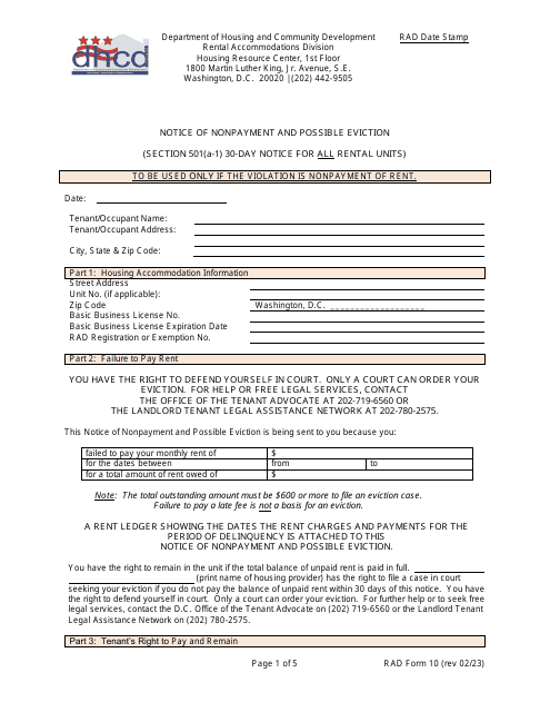 RAD Form 10 Notice of Nonpayment and Possible Eviction - Washington, D.C.