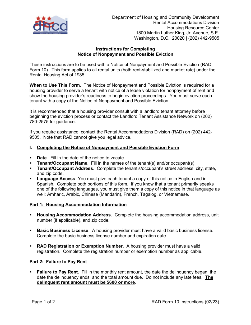 Download Instructions for RAD Form 10 Notice of Nonpayment and Possible ...