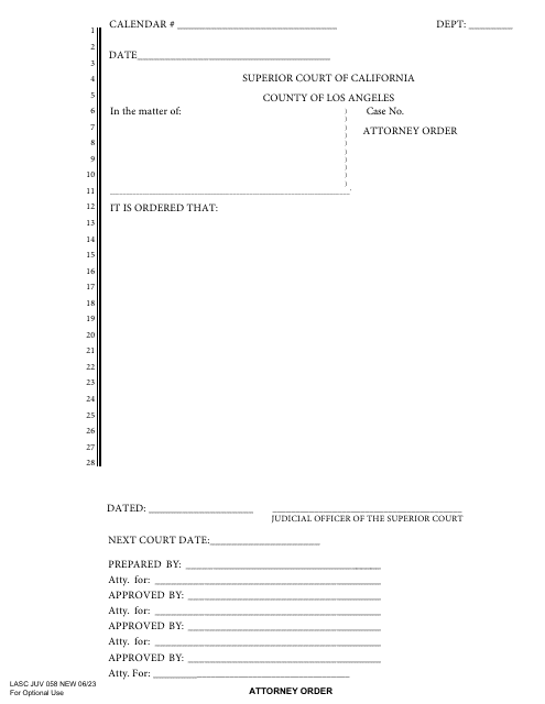 Form JUV058 Attorney Order - County of Los Angeles, California