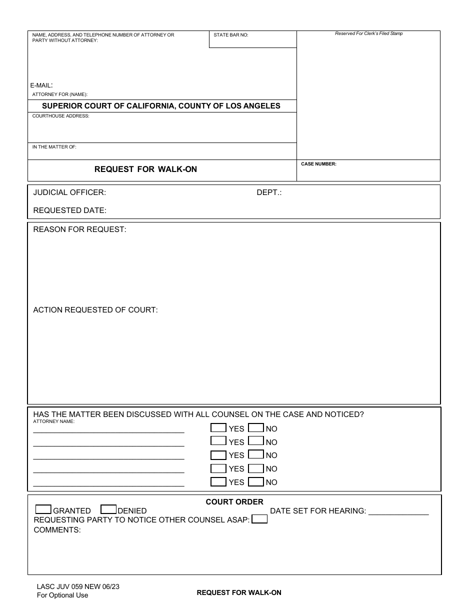 Form JUV059 Request for Walk-On - County of Los Angeles, California, Page 1