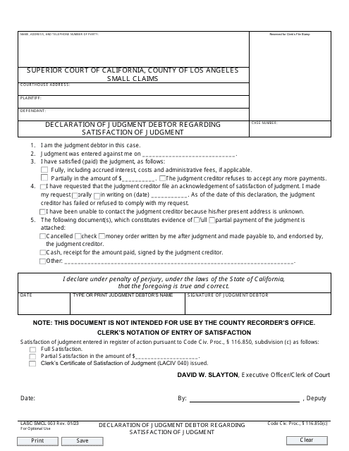 Form LASC SMCL003 Declaration of Judgment Debtor Regarding Satisfaction of Judgment - County of Los Angeles, California