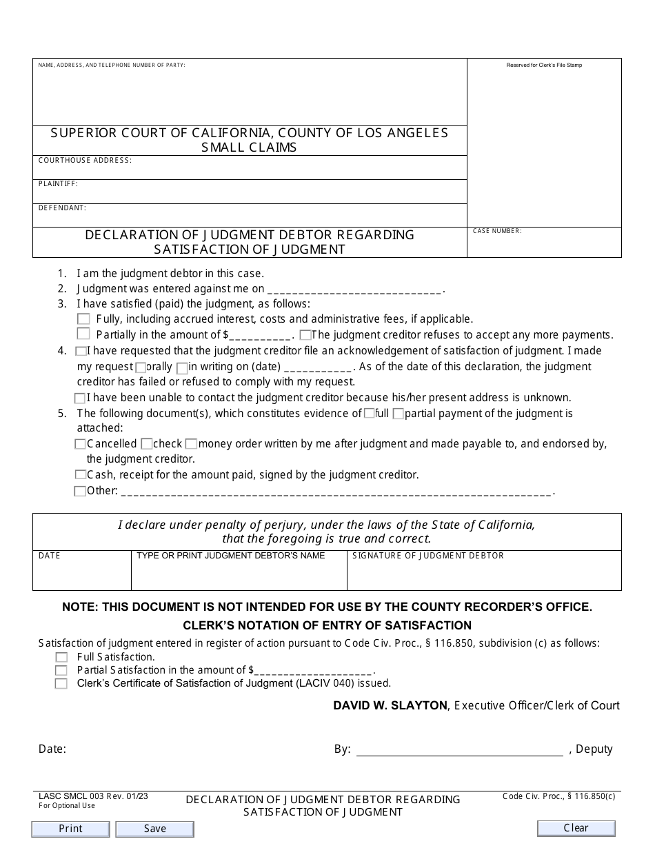 Form LASC SMCL003 Declaration of Judgment Debtor Regarding Satisfaction of Judgment - County of Los Angeles, California, Page 1