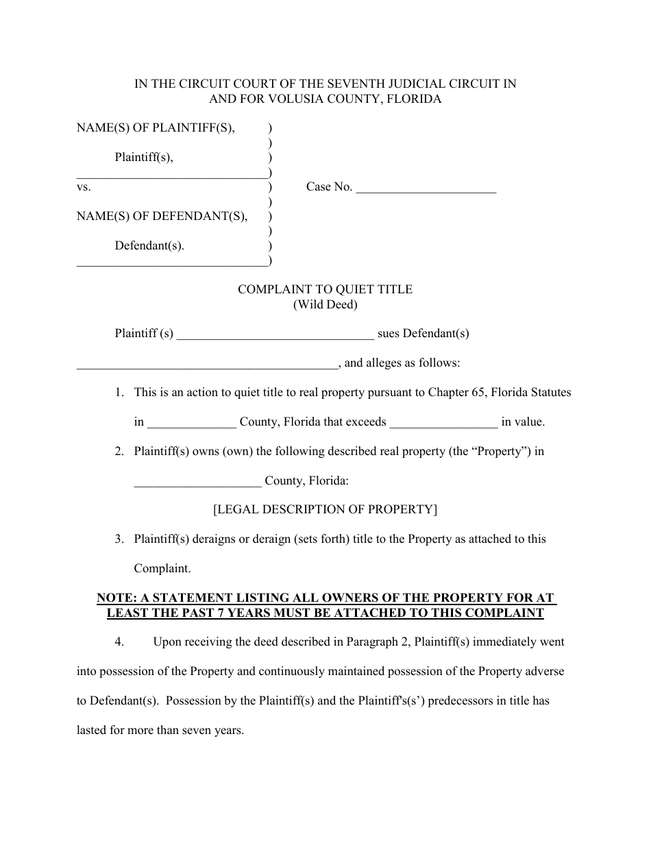 Volusia County, Florida Complaint to Quiet Title (Wild Deed) - Fill Out ...