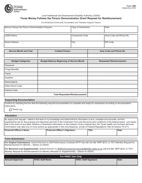 Form 1680 Texas Money Follows the Person Demonstration Grant Request for Reimbursement - Texas