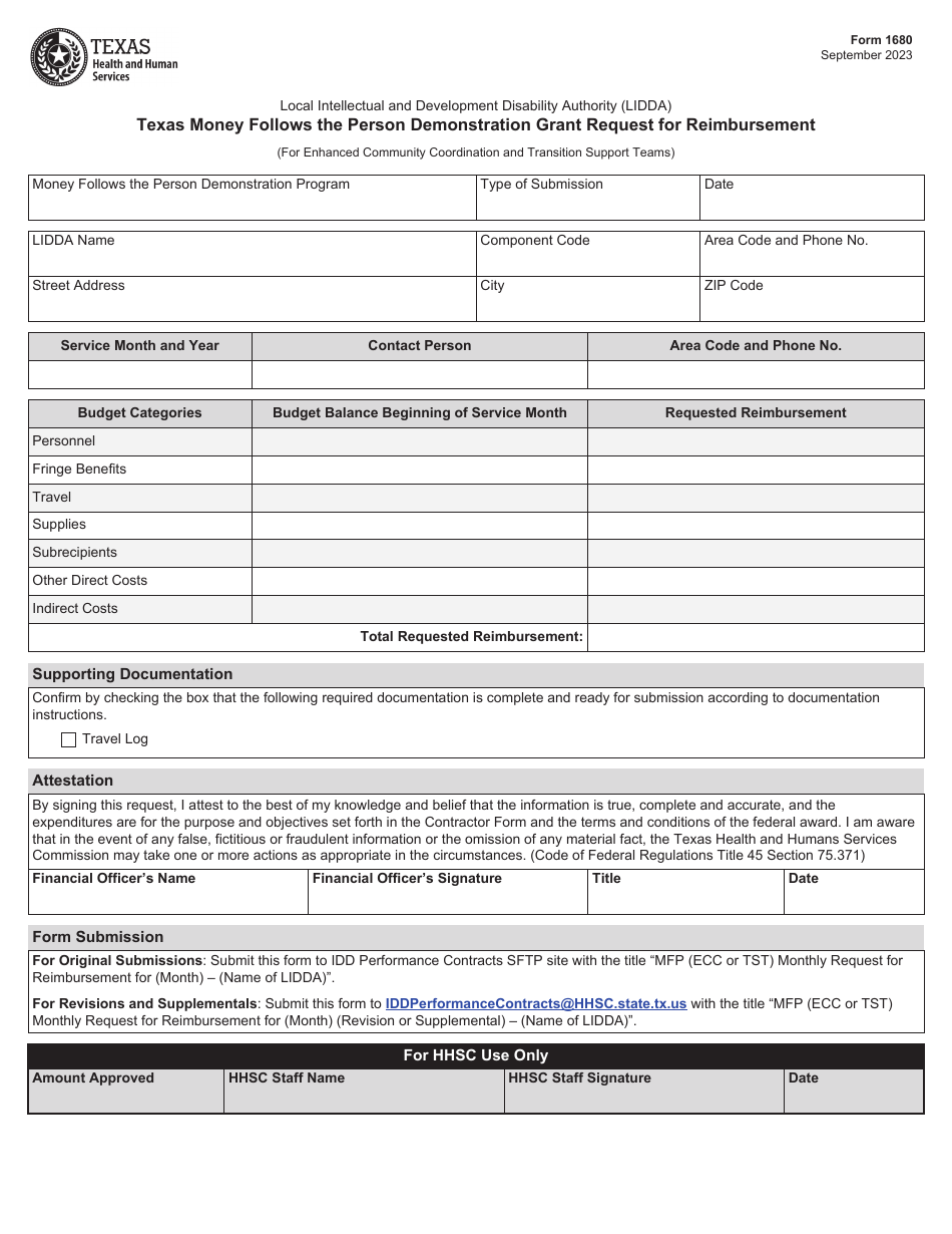 Form 1680 Texas Money Follows the Person Demonstration Grant Request for Reimbursement - Texas, Page 1