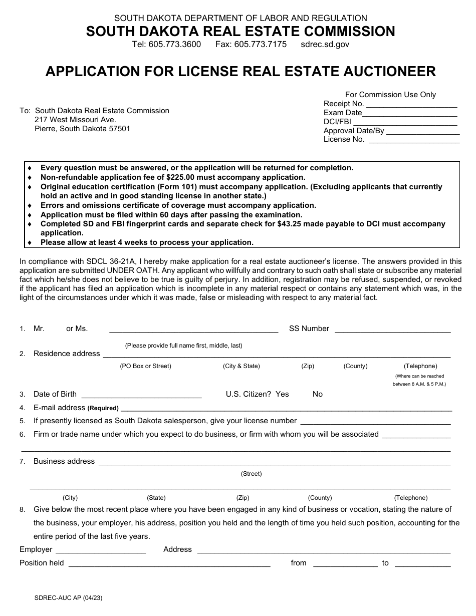 Application for License Real Estate Auctioneer - South Dakota, Page 2
