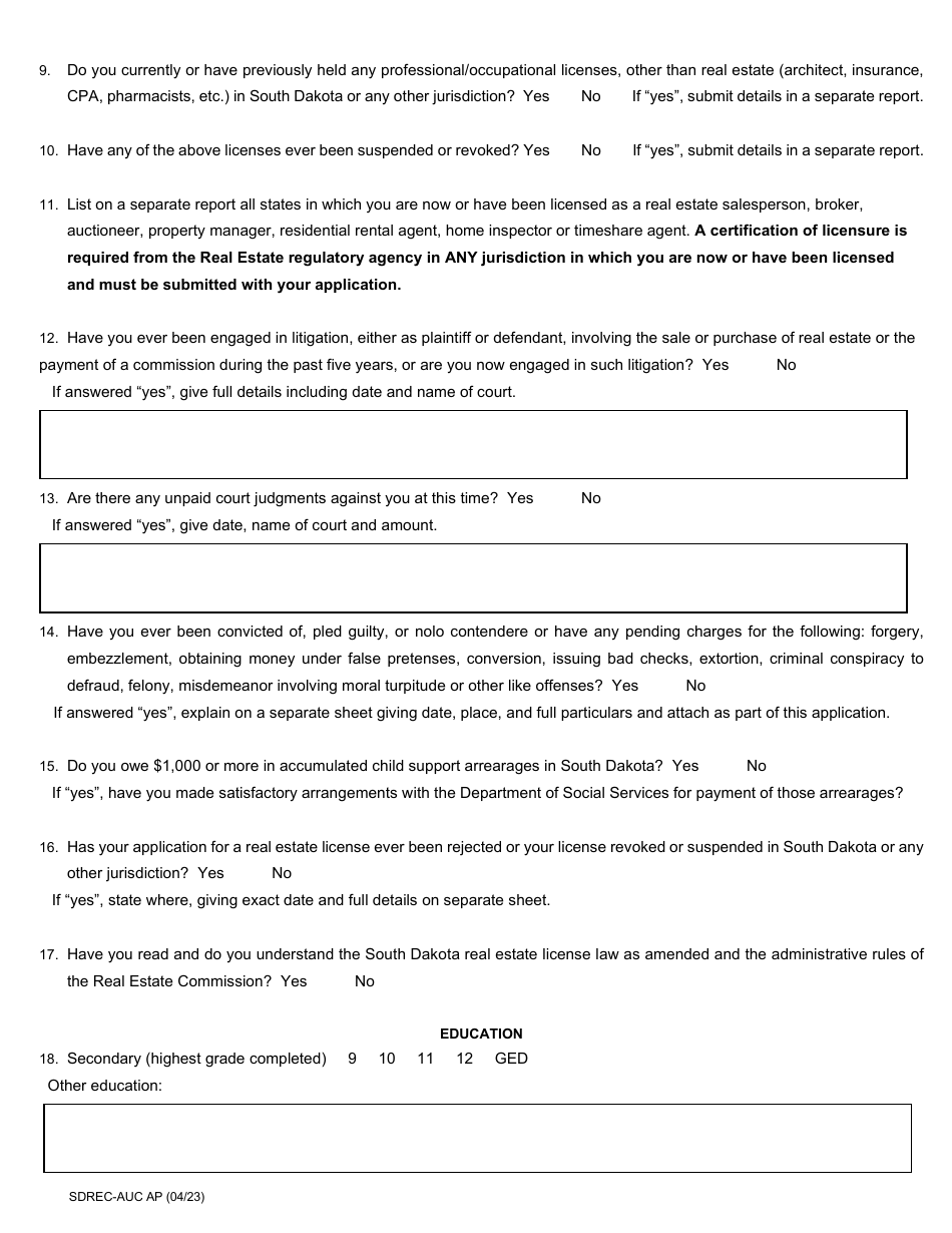 Application for License Real Estate Auctioneer - South Dakota, Page 3