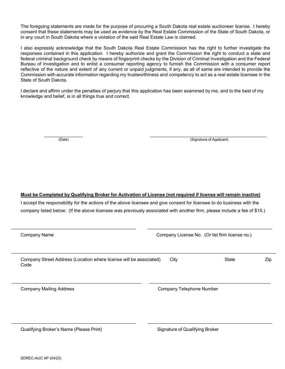 Application for License Real Estate Auctioneer - South Dakota, Page 4