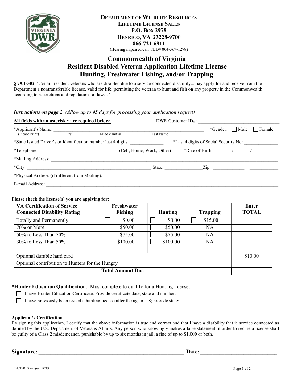 Form OUT-010 Resident Disabled Veteran Application Lifetime License - Hunting, Freshwater Fishing, and / or Trapping - Virginia, Page 1