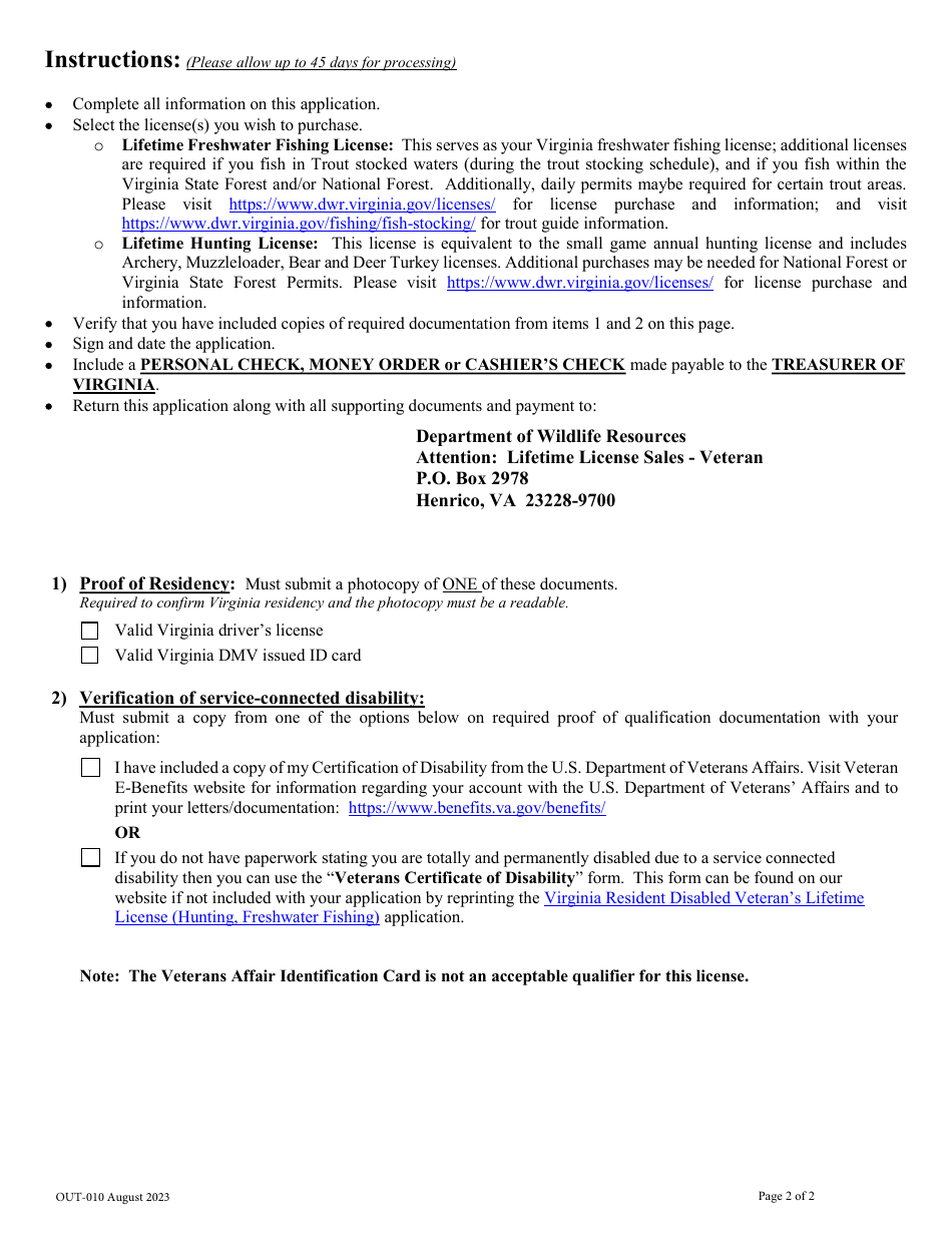 Form OUT-010 Resident Disabled Veteran Application Lifetime License - Hunting, Freshwater Fishing, and / or Trapping - Virginia, Page 2
