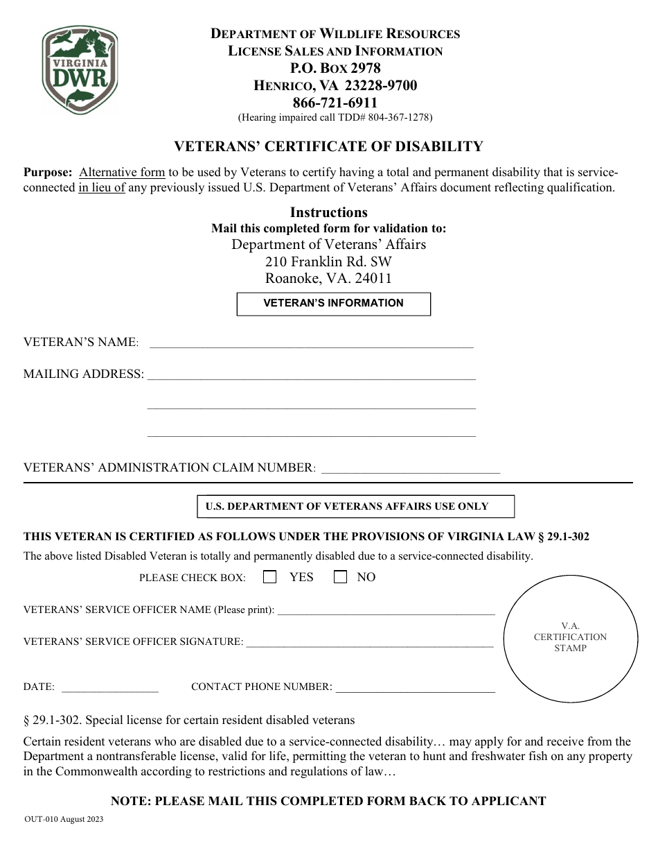 Form OUT-010 Resident Disabled Veteran Application Lifetime License - Hunting, Freshwater Fishing, and / or Trapping - Virginia, Page 3