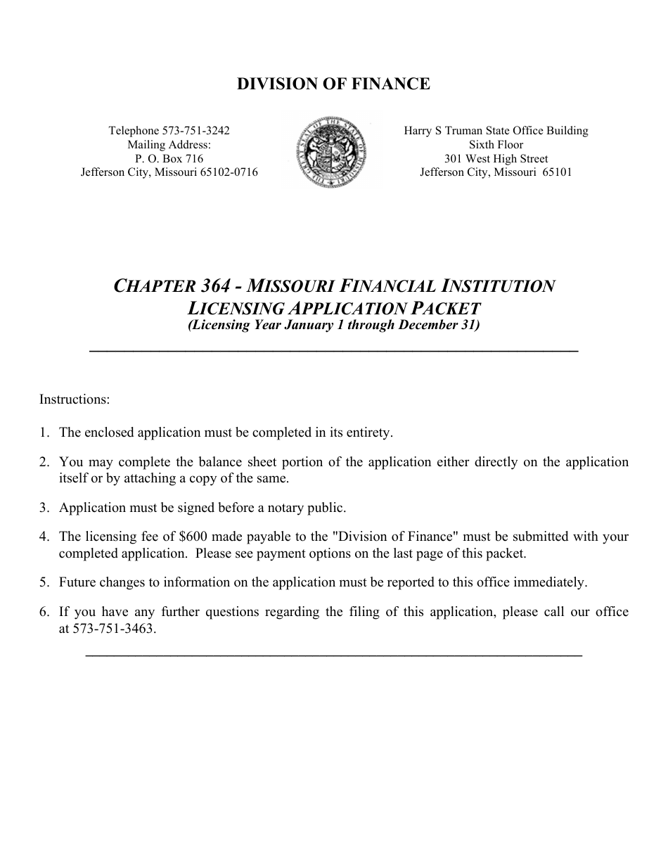 Application for Missouri Financing Institution Licensing Act - Chapter 364 - Missouri, Page 1