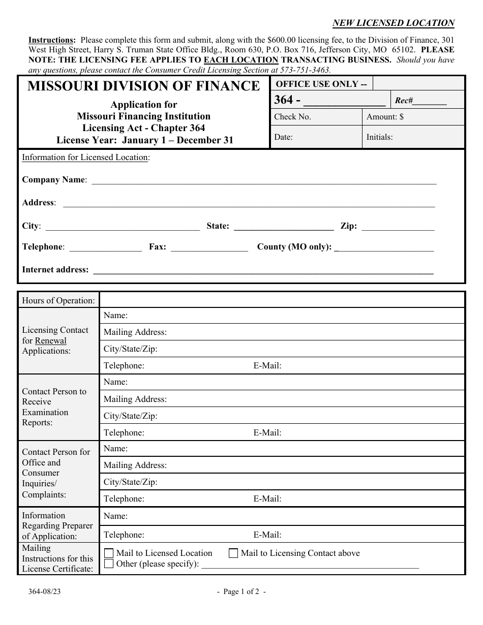 Application for Missouri Financing Institution Licensing Act - Chapter 364 - Missouri, Page 2
