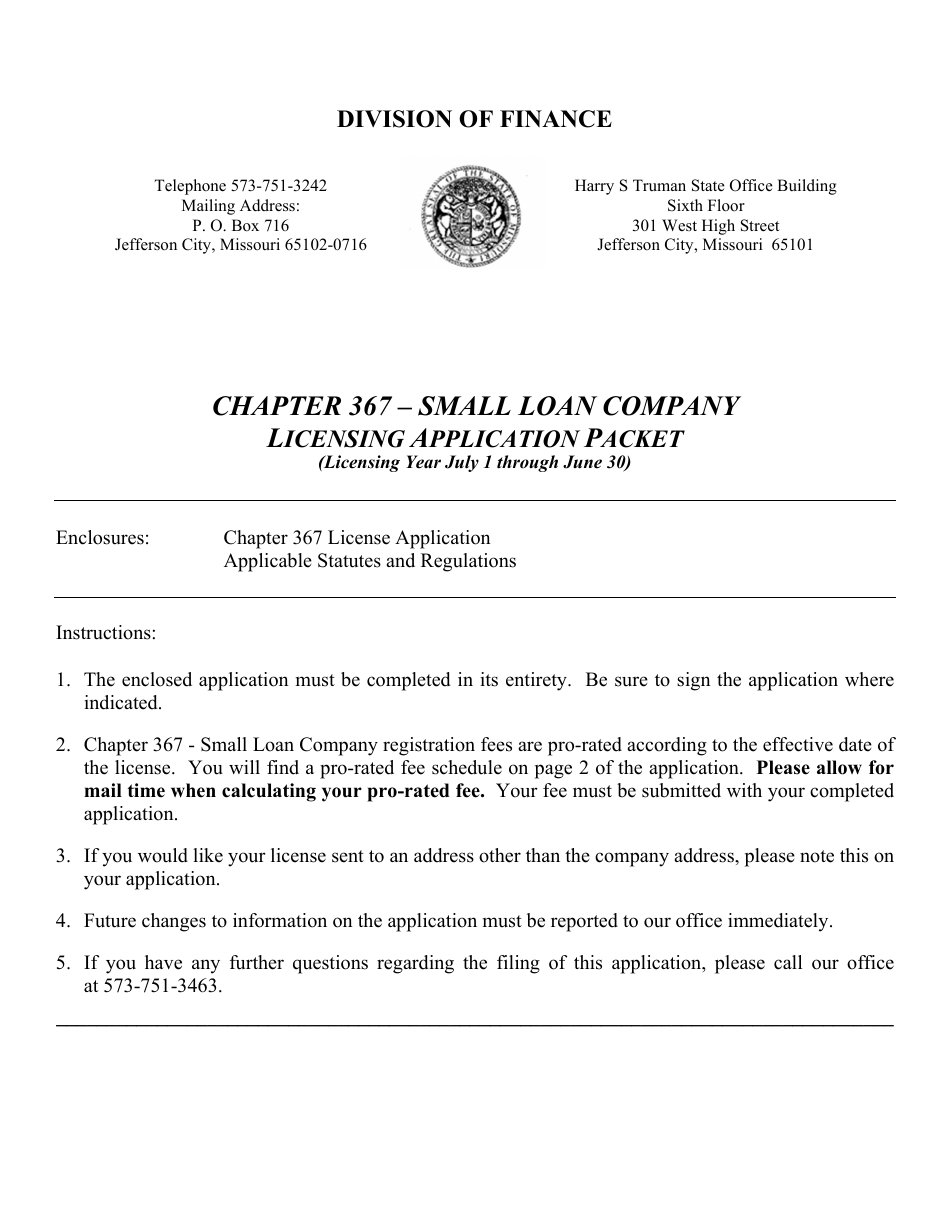Application for Consumer Credit Loans Small Loan Certificate of Registration - Missouri, Page 1