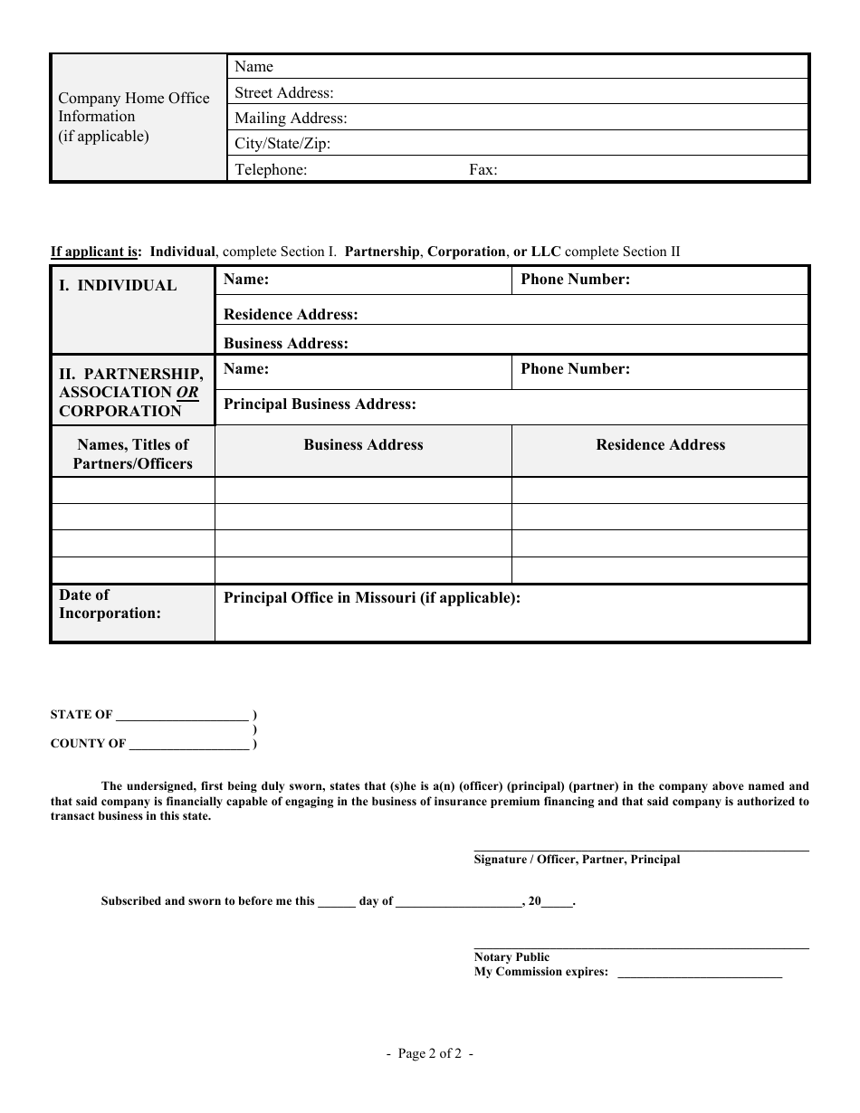 Application for Premium Finance Company - Missouri, Page 3