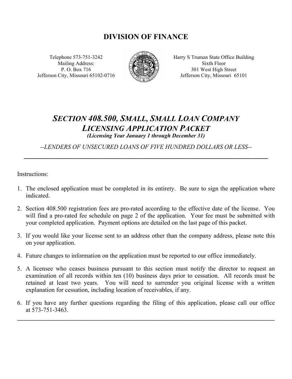 Application for Small, Small Loans Certificate of Registration - Missouri, Page 1