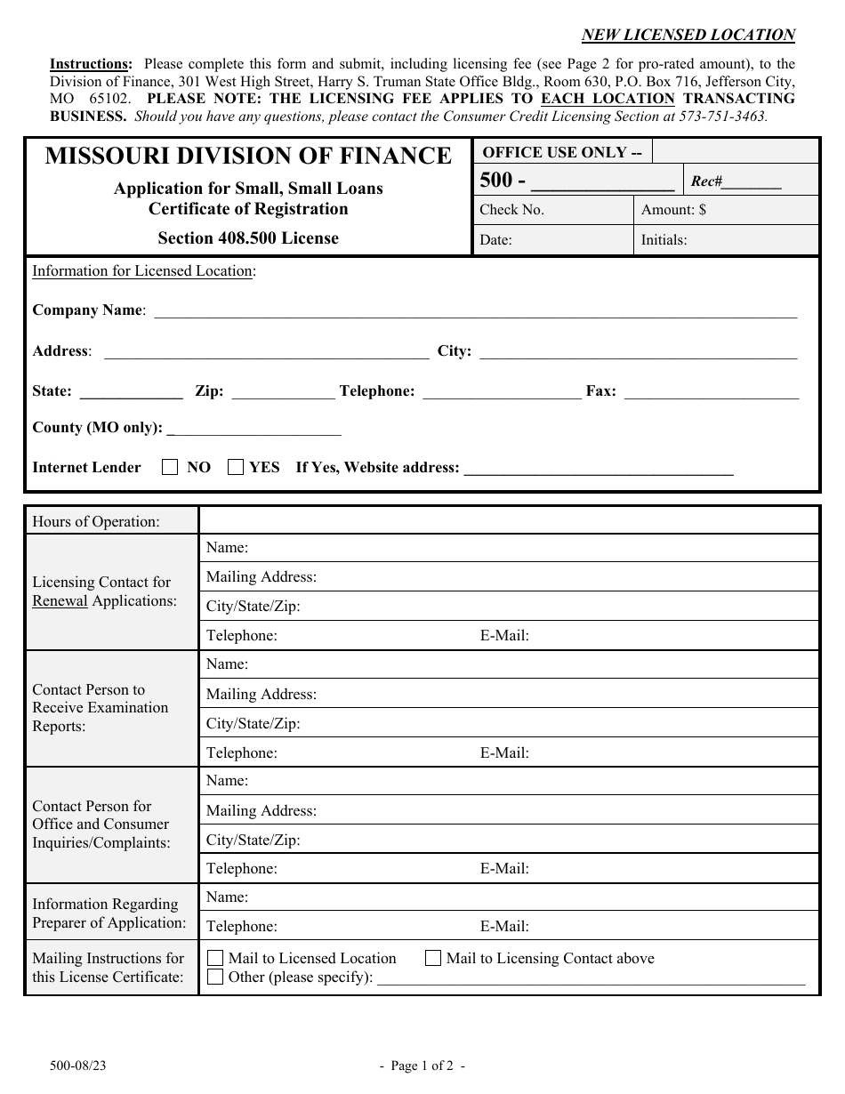 Application for Small, Small Loans Certificate of Registration - Missouri, Page 2