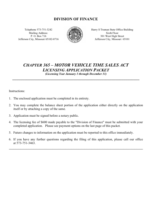 Application for Motor Vehicle Time Sales Act - Chapter 365 - Missouri Download Pdf