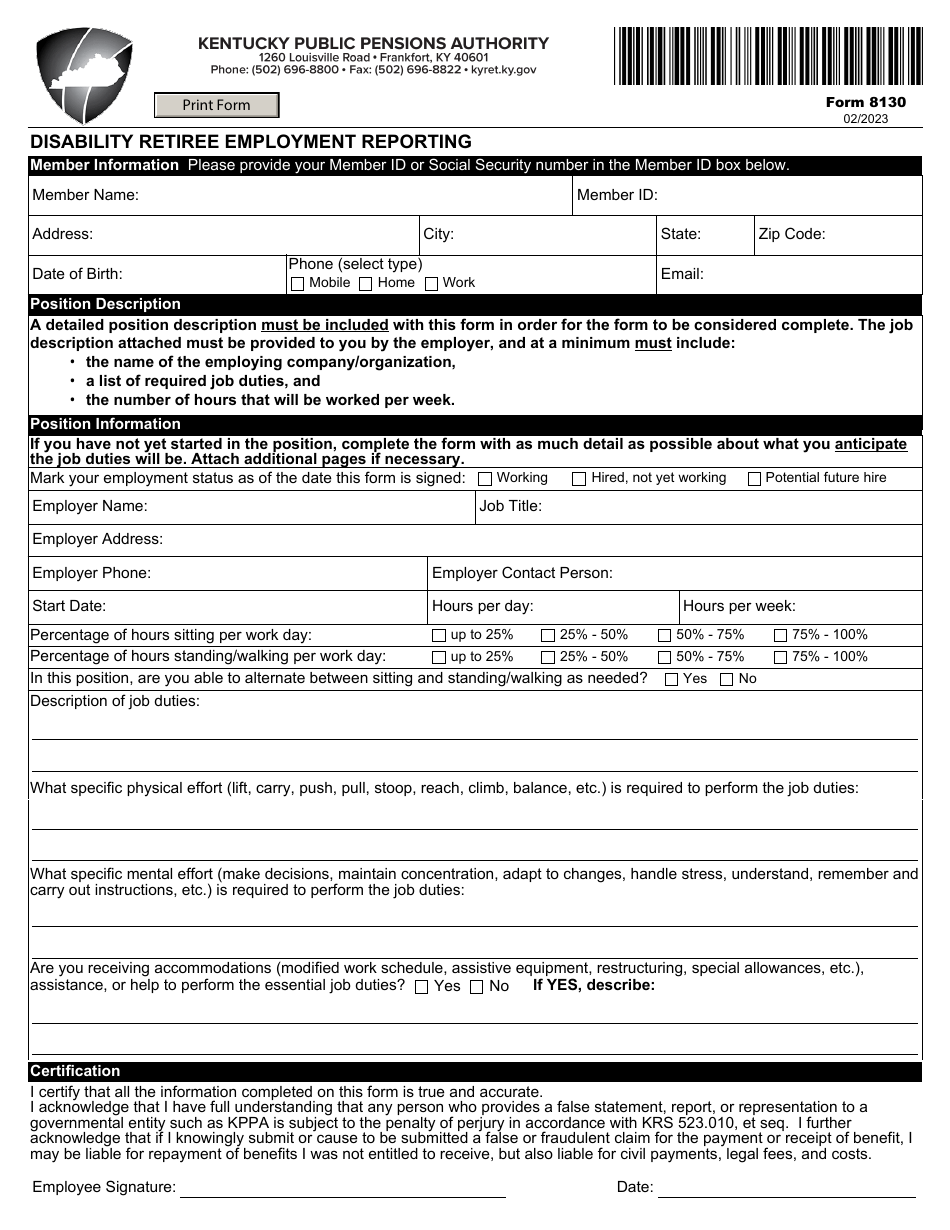 Form 8130 Disability Retiree Employment Reporting - Kentucky, Page 1