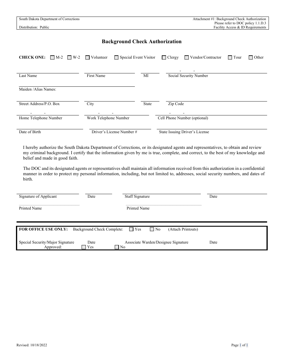 Attachment 1 Background Check Authorization - South Dakota, Page 1