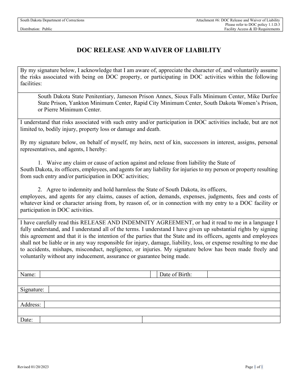 Attachment 6 Doc Release and Waiver of Liability - South Dakota, Page 1