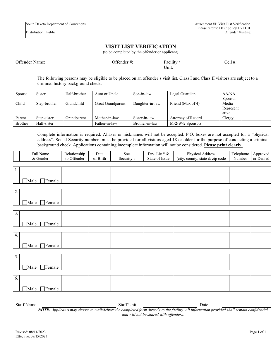 South Dakota Visit List Verification - Fill Out, Sign Online and ...