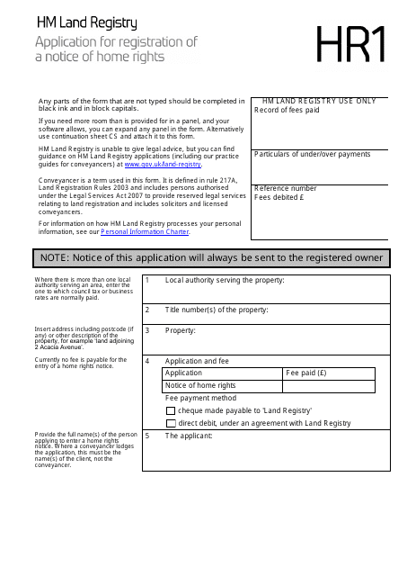 Form HR1 Application for Registration of a Notice of Home Rights - United Kingdom