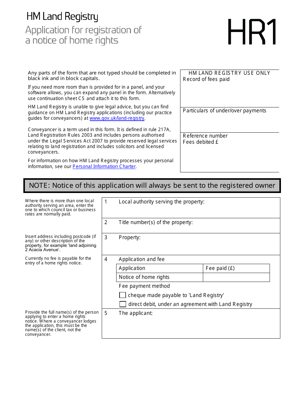 Form HR1 Application for Registration of a Notice of Home Rights - United Kingdom, Page 1