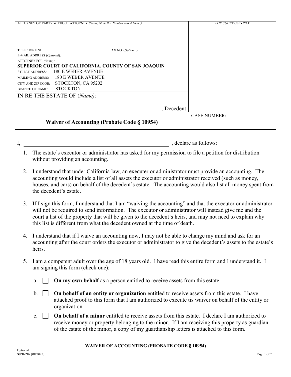 Form SJPR-207 Waiver of Accounting (Probate Code 10954) - County of San Joaquin, California, Page 1