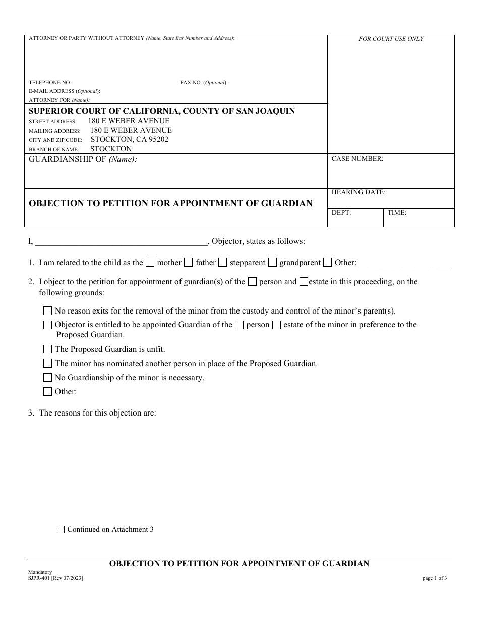 Form SJPR-401 Objection to Petition for Appointment of Guardian - County of San Joaquin, California, Page 1
