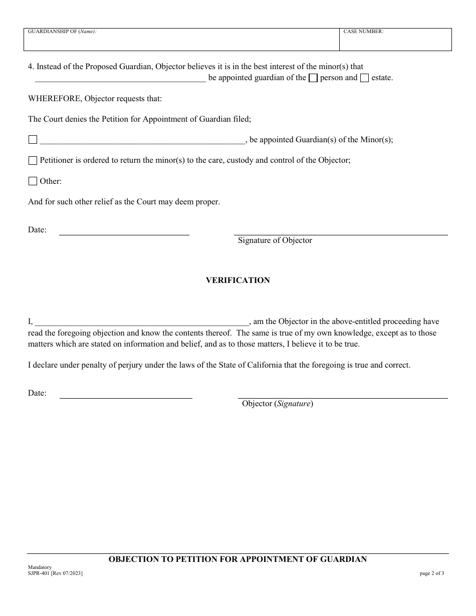 Form SJPR-401 Objection to Petition for Appointment of Guardian - County of San Joaquin, California, Page 2