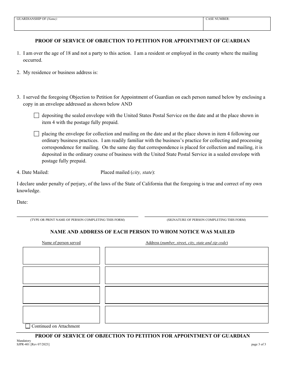 Form SJPR-401 Objection to Petition for Appointment of Guardian - County of San Joaquin, California, Page 3