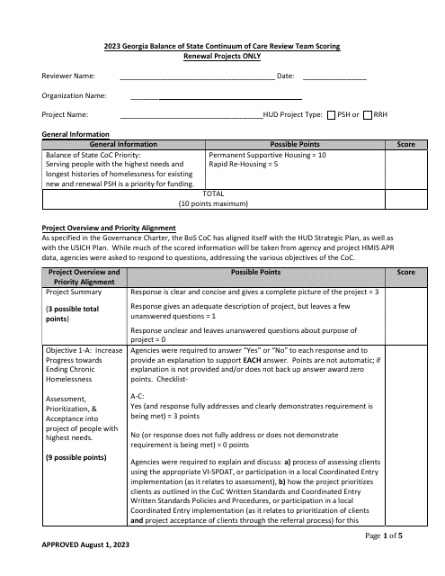 Georgia Balance of State Continuum of Care Review Team Scoring Renewal Projects Only - Georgia (United States) Download Pdf