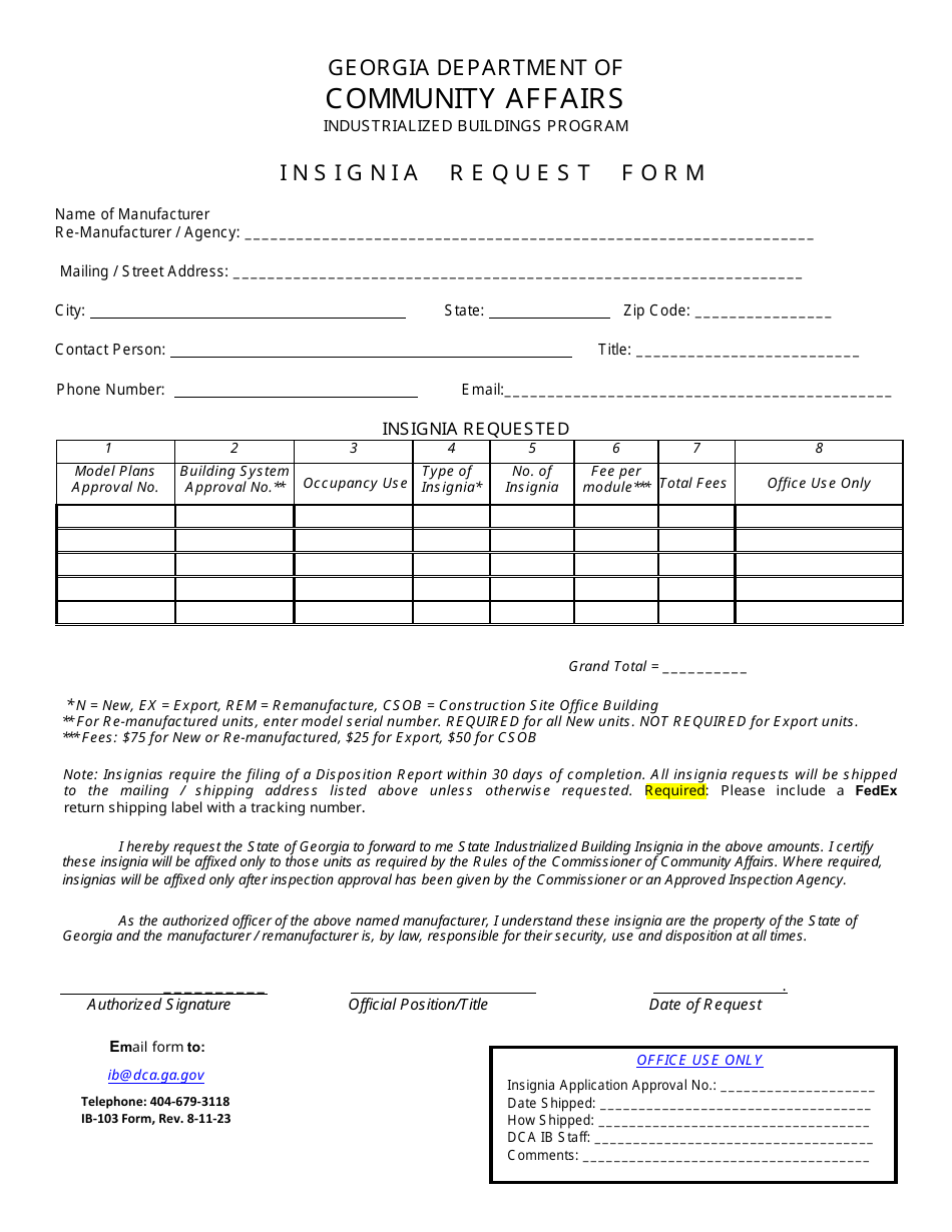 Form IB-103 Insignia Request Form - Industrialized Buildings Program - Georgia (United States), Page 1