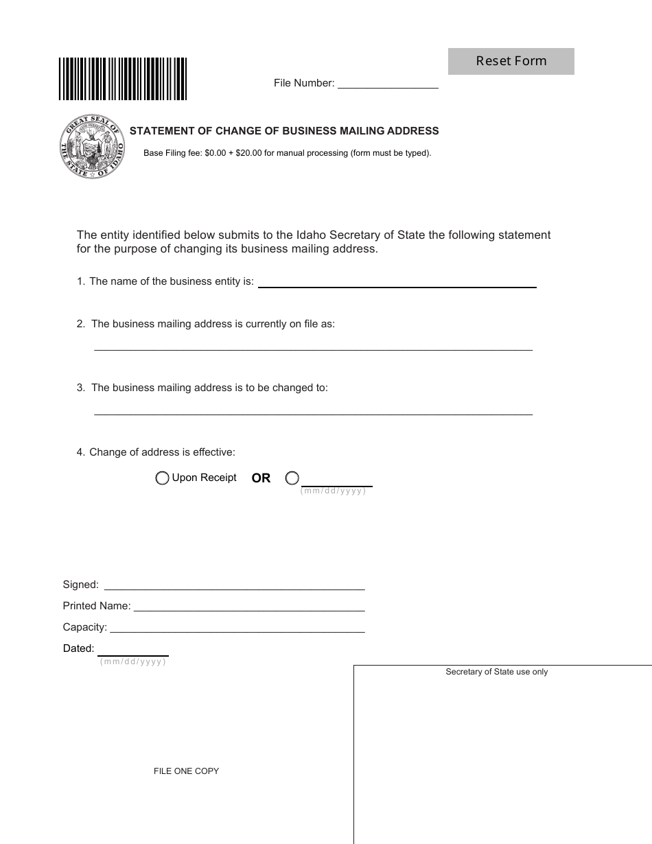 Idaho Statement of Change of Business Mailing Address Fill Out, Sign